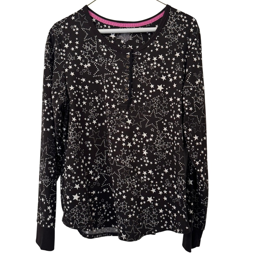Cuddl Duds Womens Pajama Set Medium Black White Star Print Henley Celestial